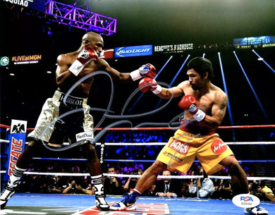 Floyd Mayweather Autographed/Signed 8x10 Manny Pacquiao Photo PSA Signed In Silver
