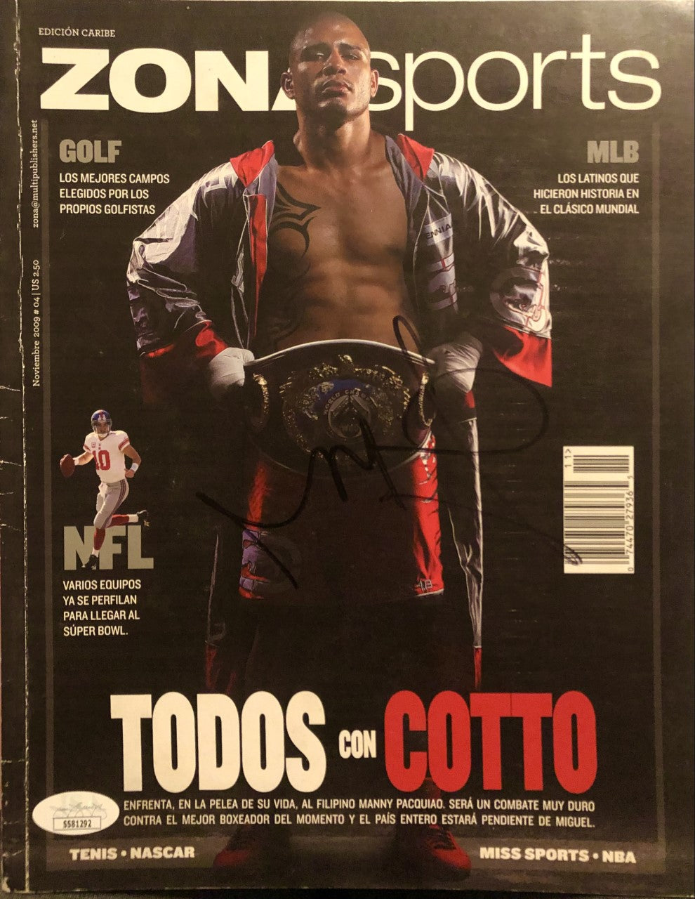 Miguel Cotto autographed authentic black signature Rare Sports Magazine.