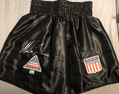 Mike Tyson Autographed Signed Silver on Black Boxing Trunks with Certified.