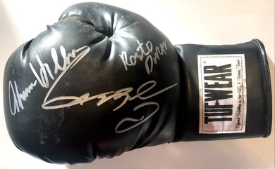 Sugar Ray Leonard and Roberto Duran, Hearns Autographed TUFFWEAR Black Boxing Glove in Silver