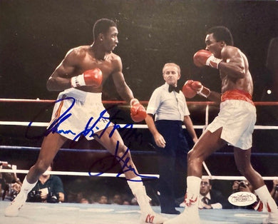 Tommy Hearns signed Autographed rare 8x10 photo vs Sugar Ray leonard JSA