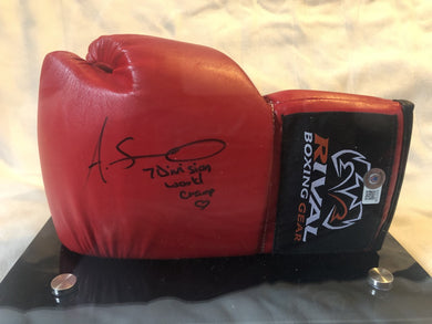 Amanda Serrano Rare autographed signed Rival Red/BLK horizontal boxing gloves display.