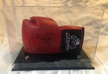 Amanda Serrano Rare autographed signed Rival Red/BLK horizontal boxing gloves display.