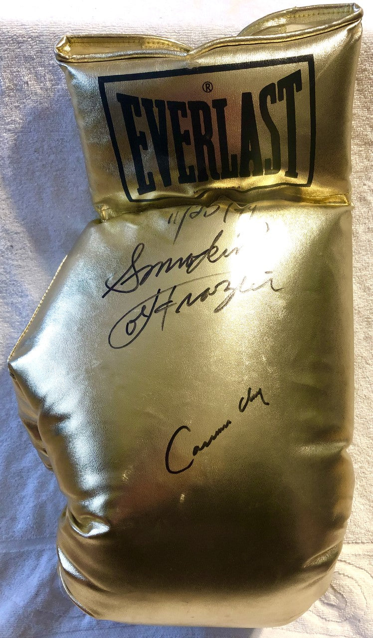 Cassius Clay and Smokin' Joe Frazier Super Rare Autographed 22 inch Size Charity Everlast Gold Boxing Glove