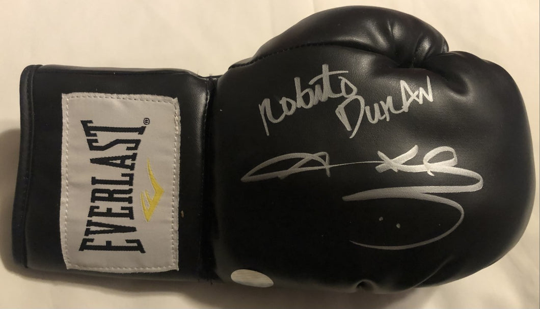 Duran & Leonard Dual Autographed signed in Silver Black Boxing Glove Certified.