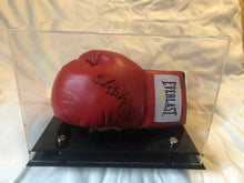 Edgar Berlanga Rare autographed signed Everlast Red/BLK horizontal boxing gloves display.