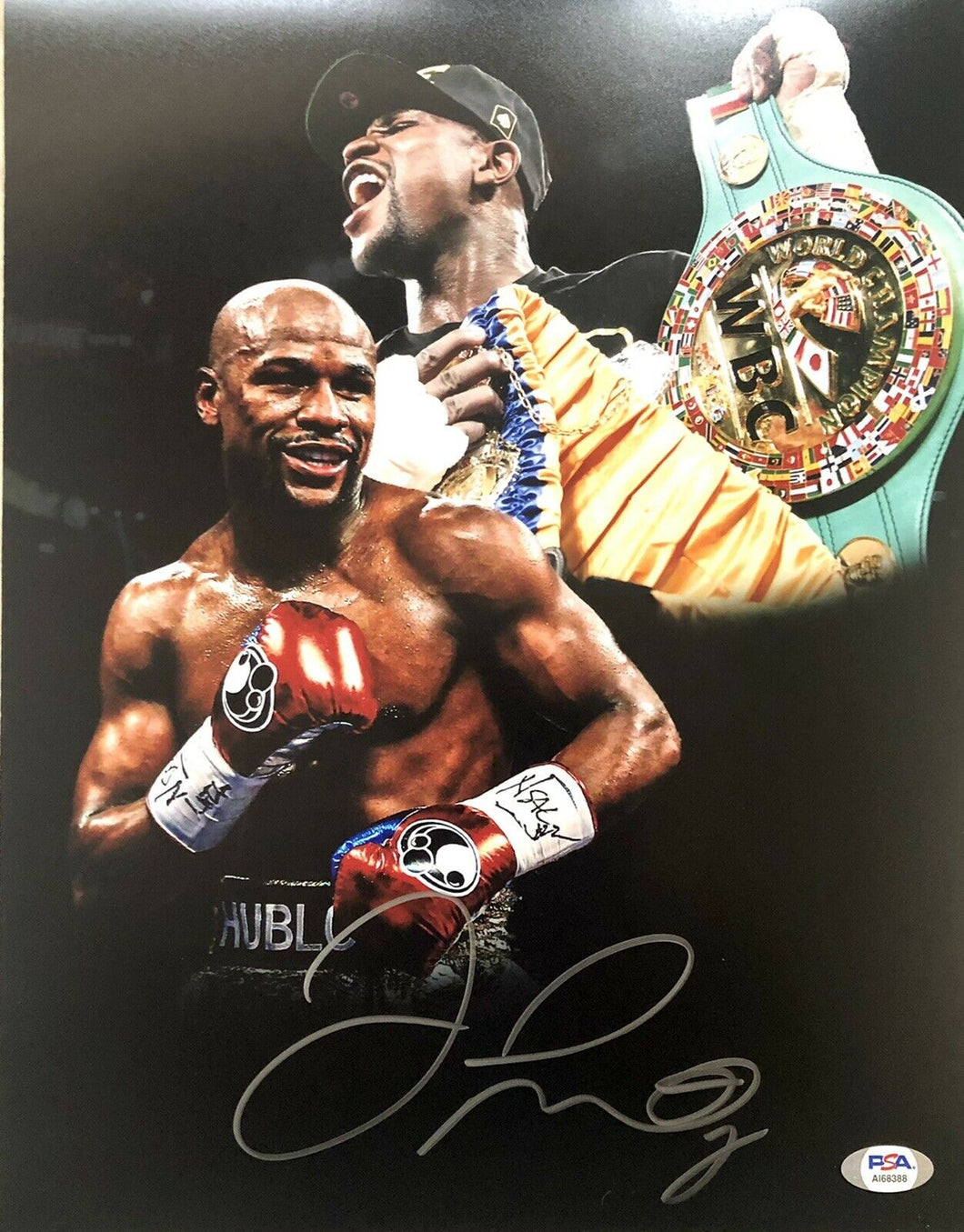 Floyd Mayweather Autographed/Signed 11X14 Belts Photo PSA Signed In Silver