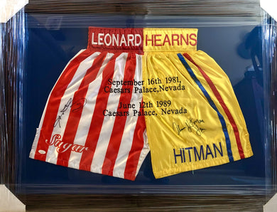 Sugar Ray Leonard and Tommy Hearns Custom Boxing Trunks Autographed signed Framed