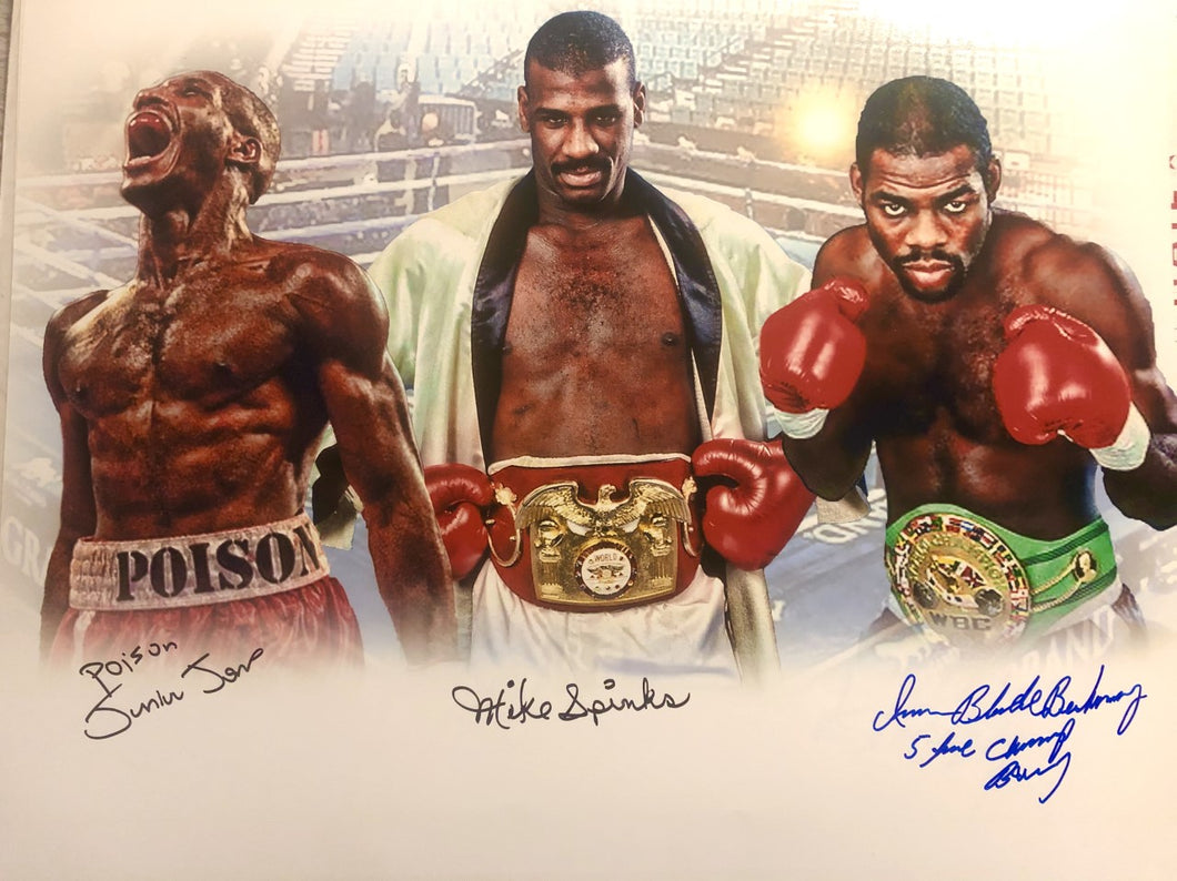Michael Spinks Autographed Signed 11x14 Junior Jones, Iran Barkley, 3 signatures Boxing Photo