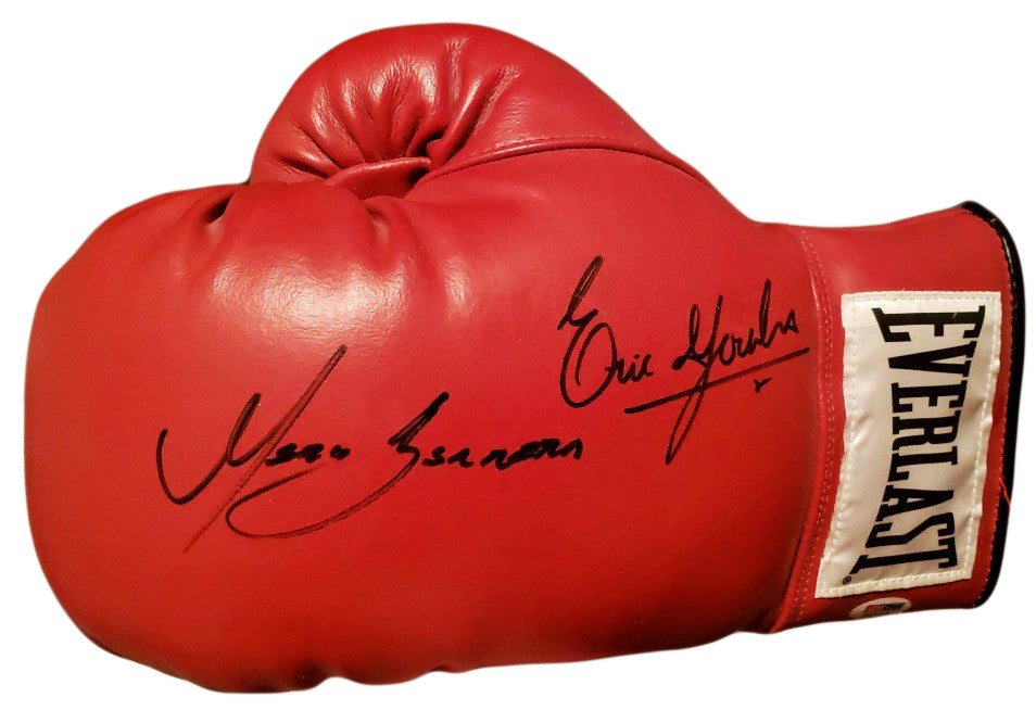 Erik Morales vs. Marco Antonio Barrera dual Autographed Red Boxing Glove in Black Signature, PSA