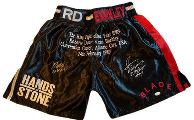 Roberto Duran vs Iran Barkley Custom Boxing Trunks Autographed in Silver Signature