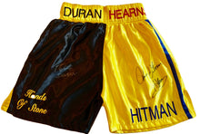 Roberto Duran vs Tommy Hearns Custom Boxing Trunks Autographed in Silver Signature