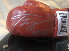 Teofimo Lopez autographed signed Everlast Red/Silver horizontal boxing gloves display.
