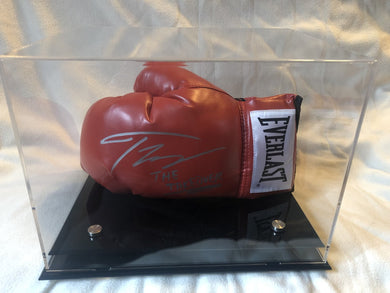 Teofimo Lopez autographed signed Everlast Red/Silver horizontal boxing gloves display.