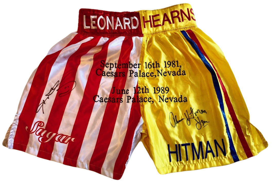 Sugar Ray Leonard and Tommy Hearns Custom Boxing Trunks Autographed in Black Signature