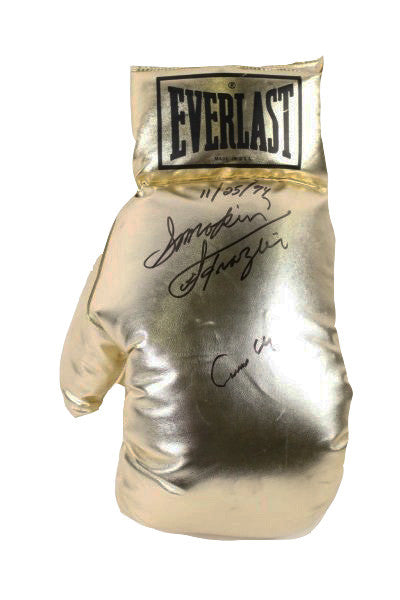 Cassius Clay and Smokin' Joe Frazier Super Rare Autographed 22 inch Size Everlast Gold Boxing Glove