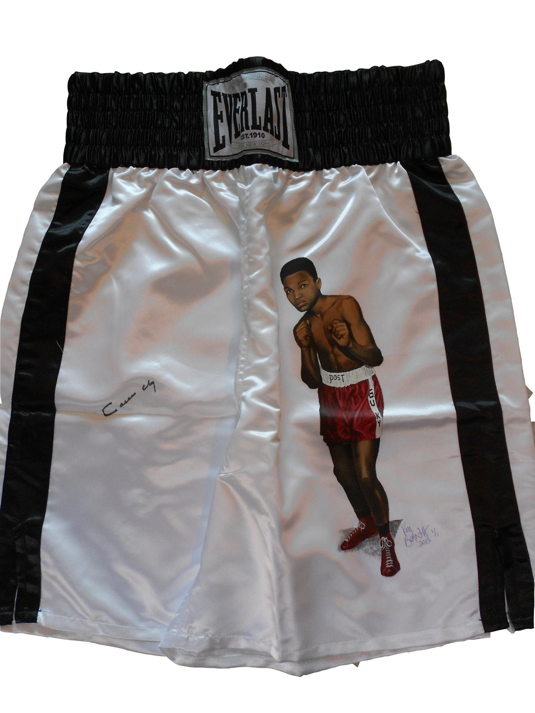 Cassius Clay Autographed and a young Muhammad Ali Painted on these Everlast Boxing Trunks