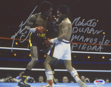 Sugar Ray Leonard & Roberto Duran Signed 8x10 Photo Inscribed "Manos De Piedra" (PSA COA)