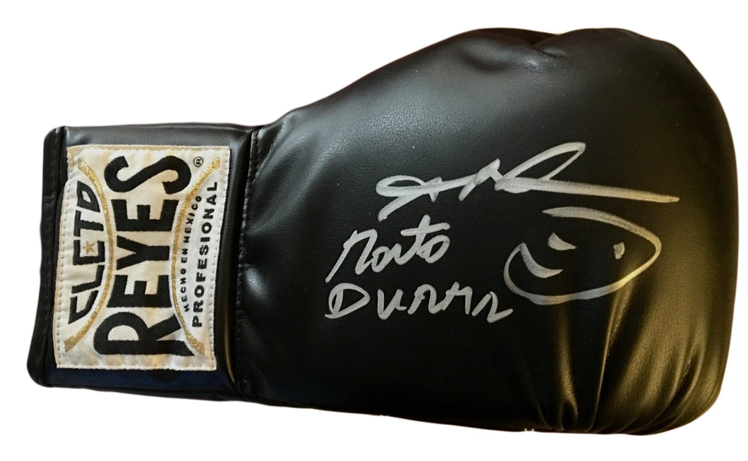 Sugar Ray Leonard and Roberto Duran Dual Autographed Reyes Black Boxing Glove in Silver