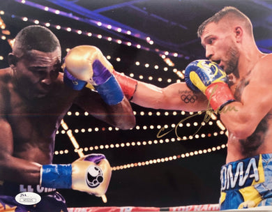 Vasyl Lomachenko Autographed 8x10 action fighting photo in Gold Signature, JSA