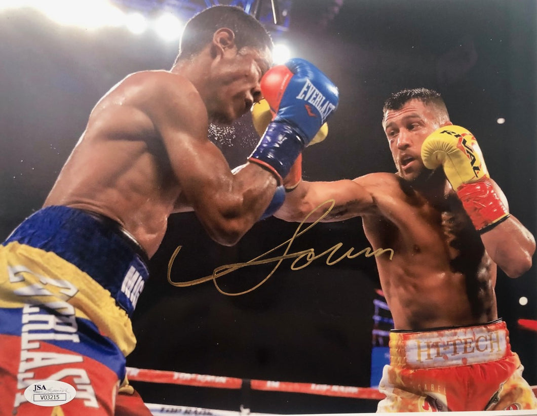 Vasyl Lomachenko action packed Autographed 8x10 fighting photo with a Gold Signature, JSA