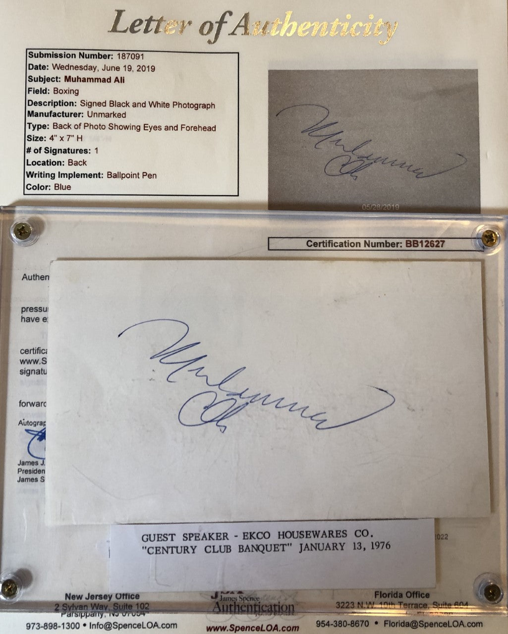Muhammad Ali Deluxe Protected Autographed Cut And Hand Written inscription JSA