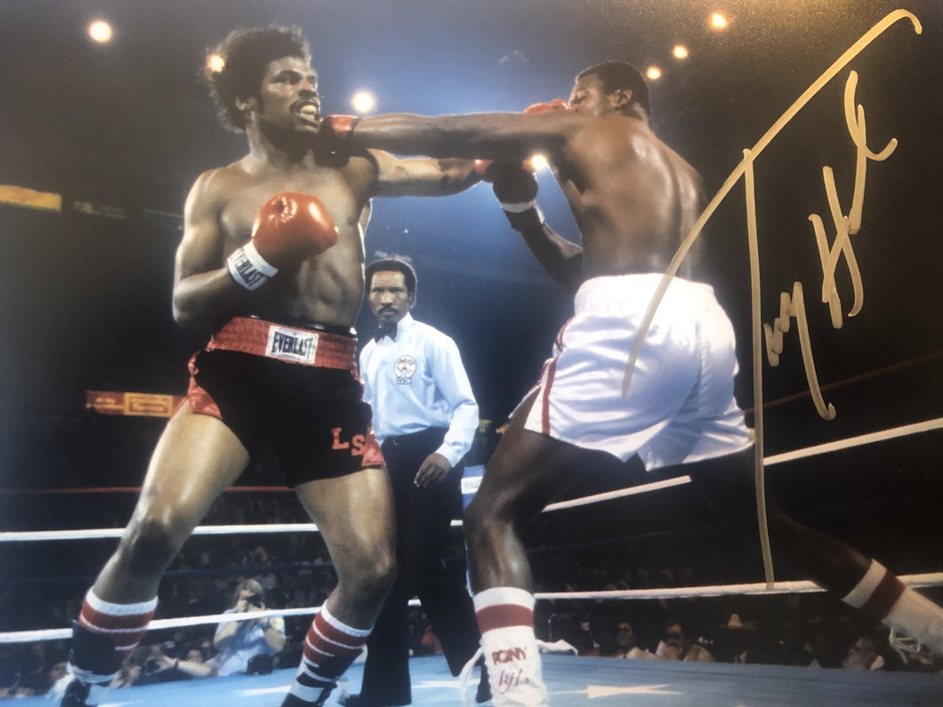 Larry Holmes vs Leon Spinks signed Autographed 8x10 Boxing Photo