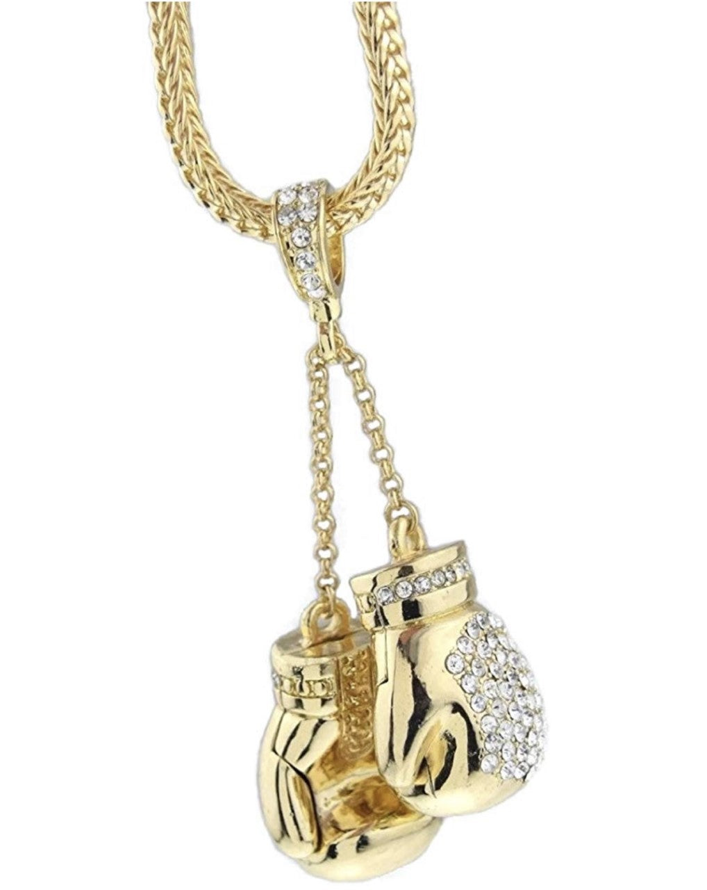 Boxing Gloves Iced Pendant Gold Finish Necklace 36 Inch Long Hip Hop Chain