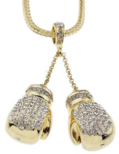 Boxing Gloves Iced Pendant Gold Finish Necklace 36 Inch Long Hip Hop Chain