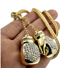 Boxing Gloves Iced Pendant Gold Finish Necklace 36 Inch Long Hip Hop Chain