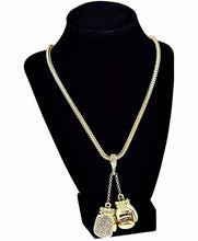 Boxing Gloves Iced Pendant Gold Finish Necklace 36 Inch Long Hip Hop Chain