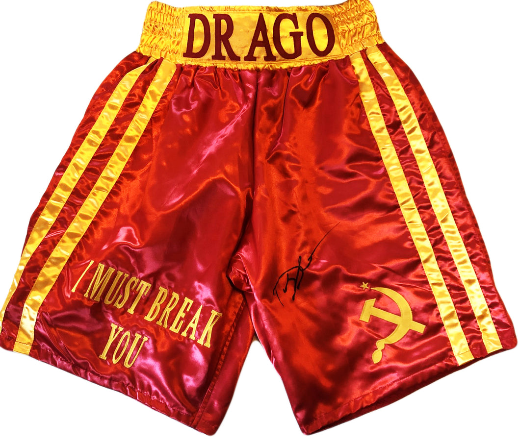 Dolph Lundgren Red and Yellow Drago Hand made Boxing Trunks signed