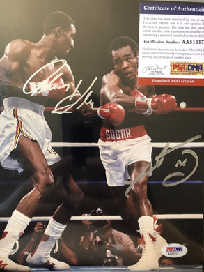 Sugar Ray Leonard vs Tommy Hearns Autographed Boxing 11x14 Photo memorabilia Signed PSA