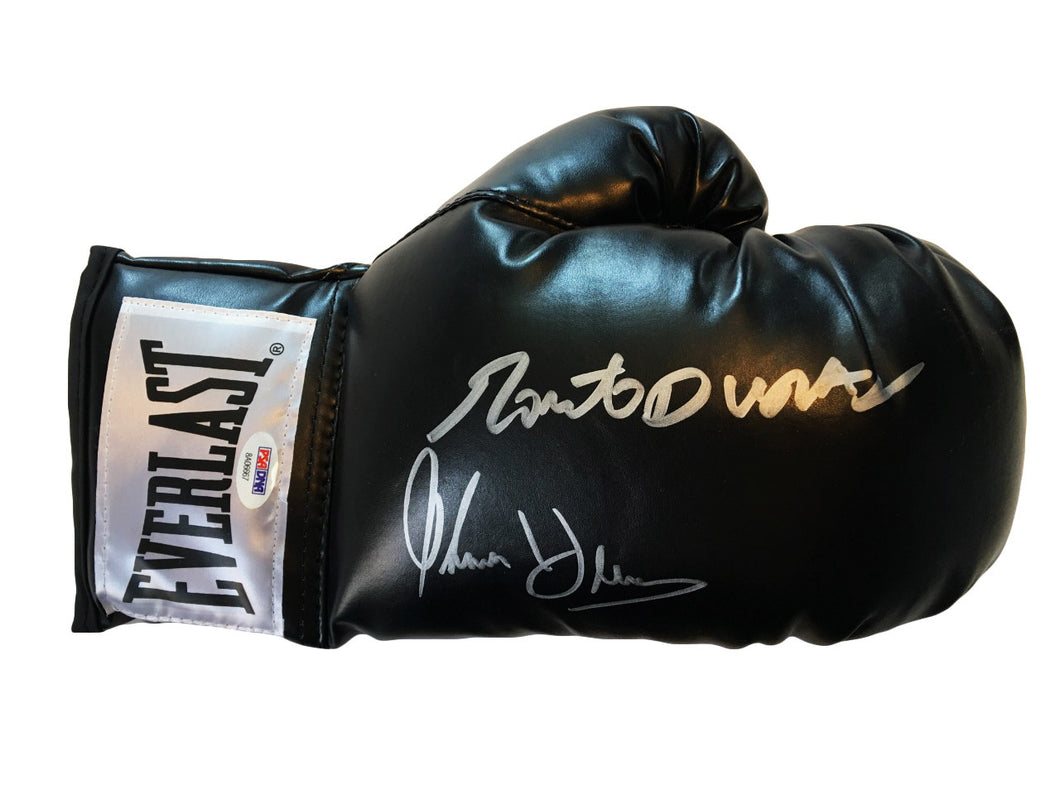 Duran and Hearns Dual Autographed Everlast Black Boxing Glove in Silver Signature PSA/DNA