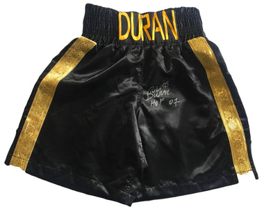 Roberto Duran Custom Boxing Trunks Autographed in Silver Signature and HOF Inscription added PSA/DNA