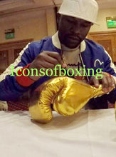 Floyd Mayweather Jr. Gold VIP Rare Autographed Boxing Glove with Photo Proof.