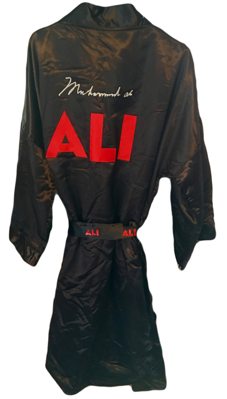 MuhammadAli Autographed Custom Made Black Movie Boxing Robe signed in Silver